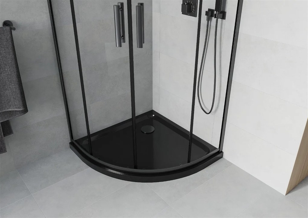 Mexen Rio, štvrťkruhový sprchovací kút s posuvnými dverami 70 x 70 cm, 6mm číre sklo, čierny profil + čierna sprchová vanička, 863-070-070-70-00-4170B