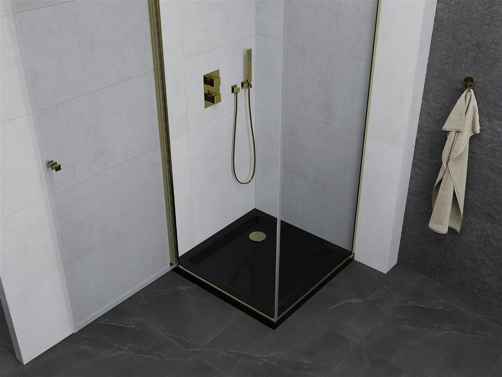 Mexen Pretoria, sprchovací kút 90 (dvere) x 90 (stena) cm, 6mm číre sklo, zlatý profil + čierna sprchová vanička, 852-090-090-50-00-4070G