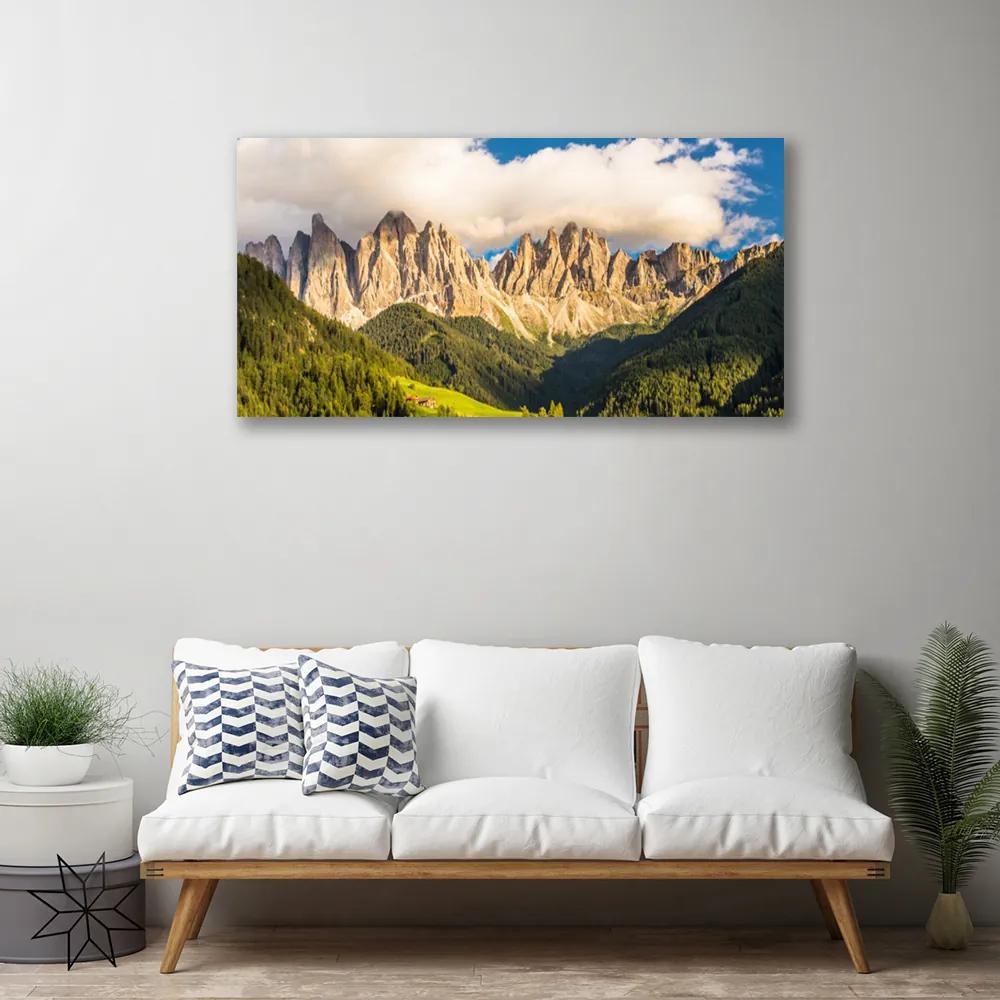 Obraz Canvas Vrcholy hor mraky lesy lúka 100x50 cm