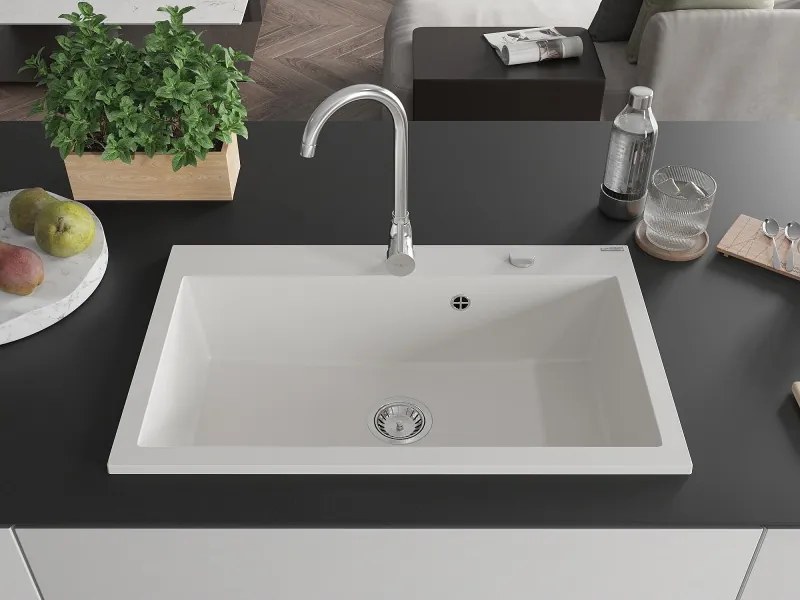 Mexen Elix žulový drez 1-komorový 800 x 500 mm, biely, sifón chróm - 6527801005-20