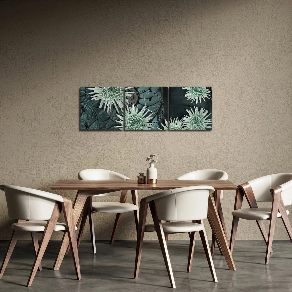 Obraz - Zelené kvety (s hodinami) (90x30 cm)