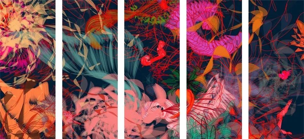 5-dielny obraz exotické kvety v abstraktnom prevedení