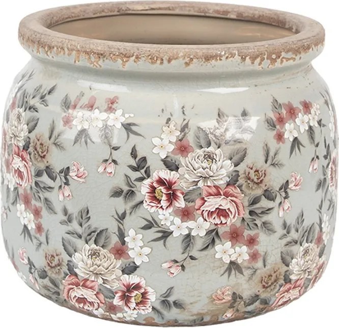 Zelený keramický dekoračný kvetináč s kvetmi Floria L - Ø 20*15 cm