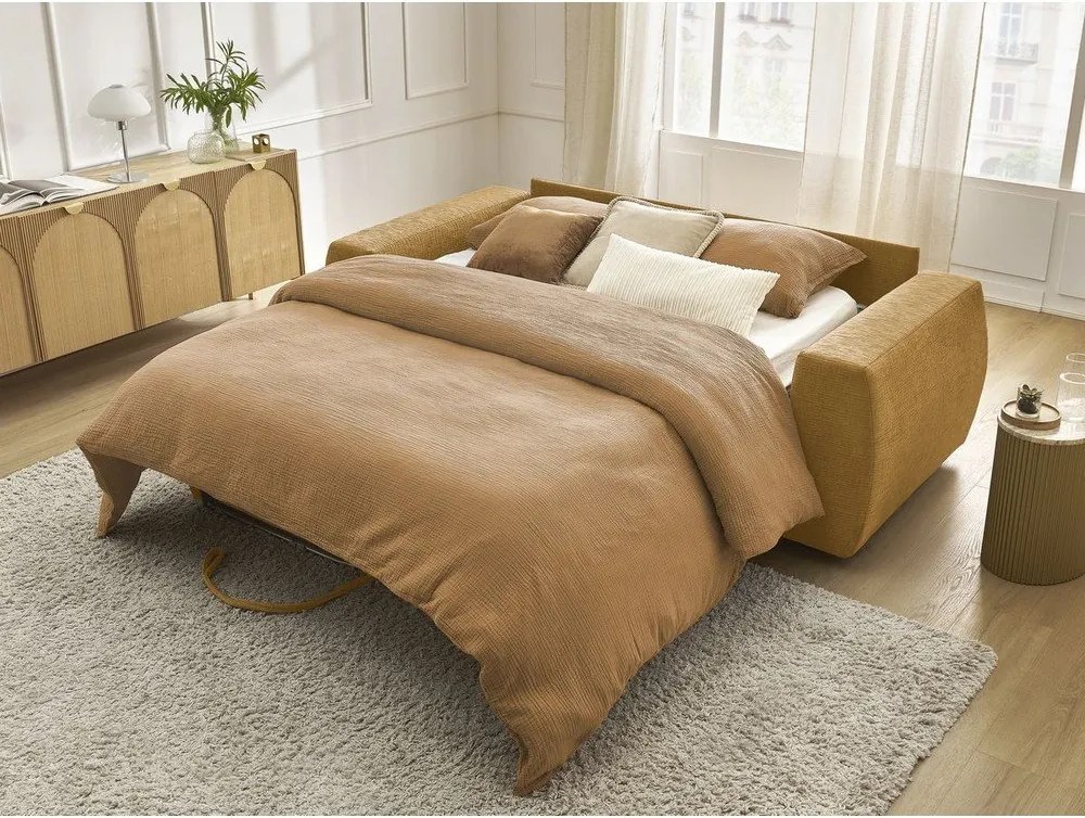 Ženilková pohovka na každodenné spanie/rozkladacia v horčicovej farbe 220 cm Hugo – Bobochic Paris