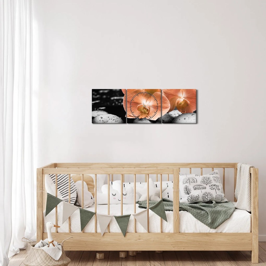 Obraz - Oranžové orchidey (s hodinami) (90x30 cm)
