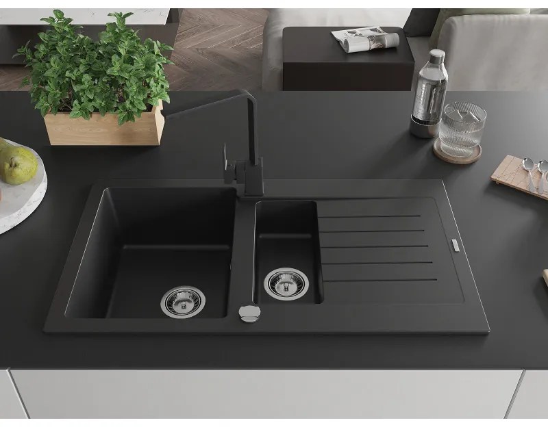 Mexen Matias, granitový drez 900x505x200 mm, 1,5-komorový a čierna batéria Rita, čierna, 6502-77-670300-70