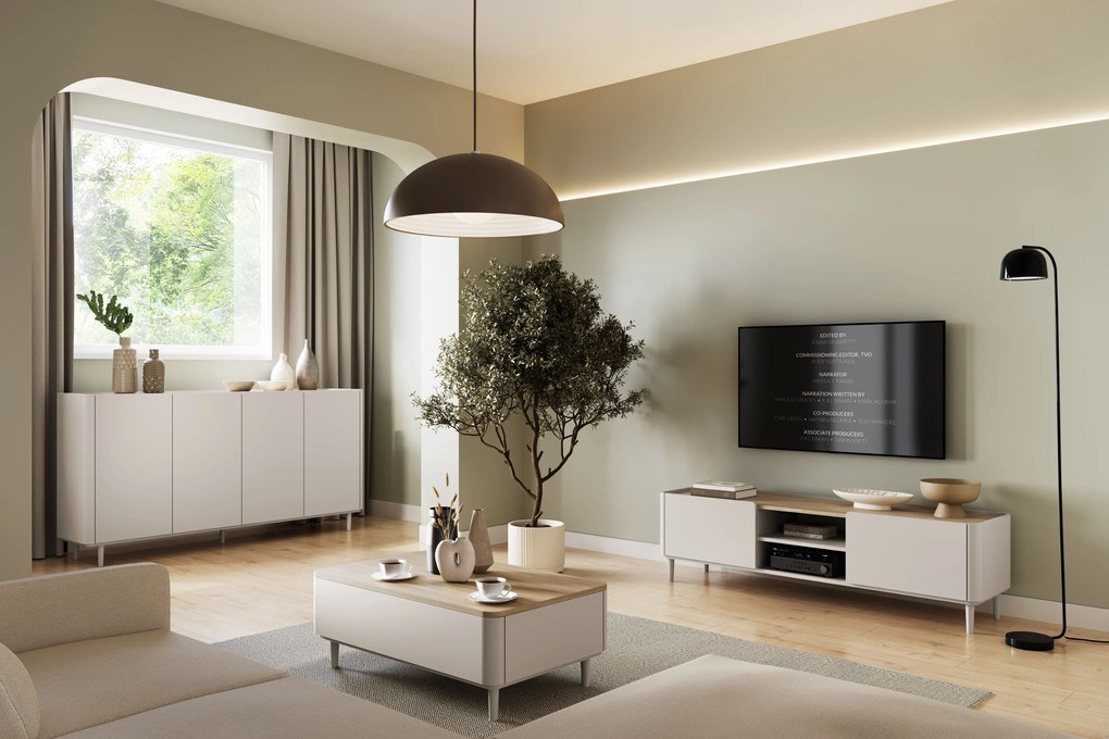 Komoda Elivo 200 cm štvordverová na nožičkách - kašmír / olejovaný dub