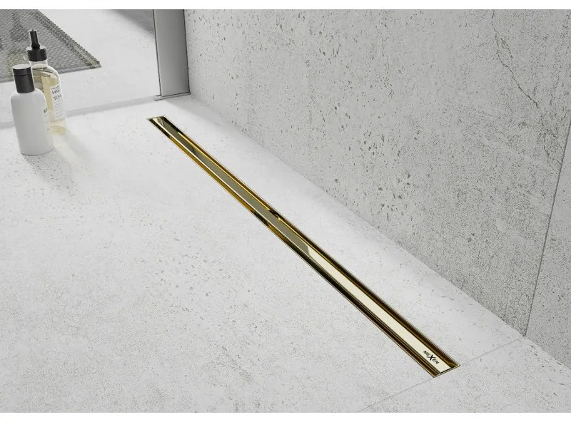 MEXEN Flat nerezový sprchový žľab s rotačným 360° sifónom 140 cm, vzor SLIM, zlatá, 1541140