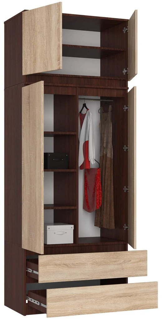 Šatníková skriňa Sagan (wenge + dub sonoma). Akcia -18%. Vlastná spoľahlivá doprava až k Vám domov. 1128808