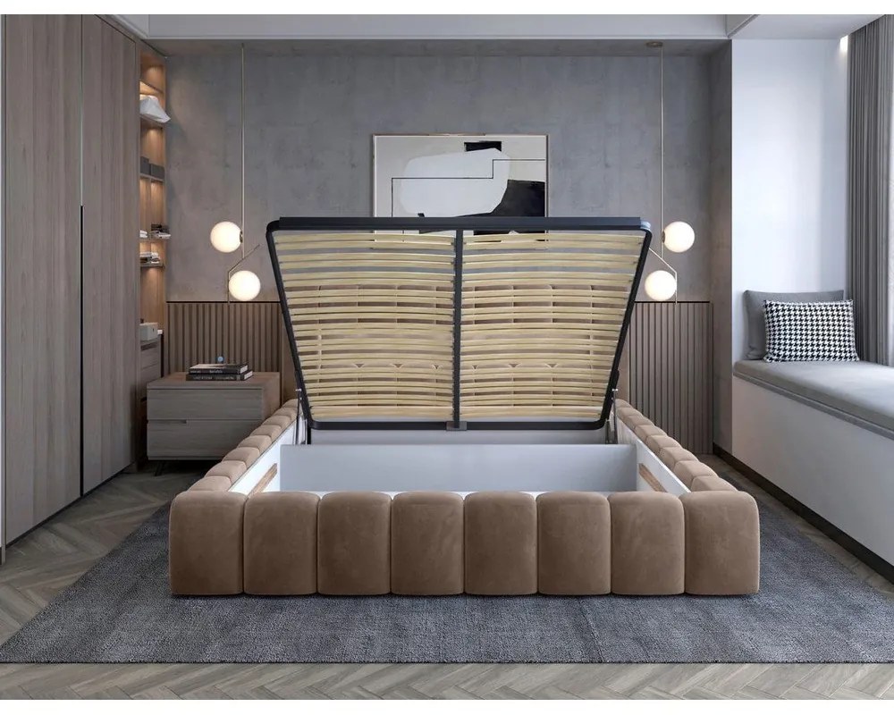 Svetlohnedá čalúnená dvojlôžková posteľ s úložným priestorom s roštom 180x200 cm Lamica – ELTAP