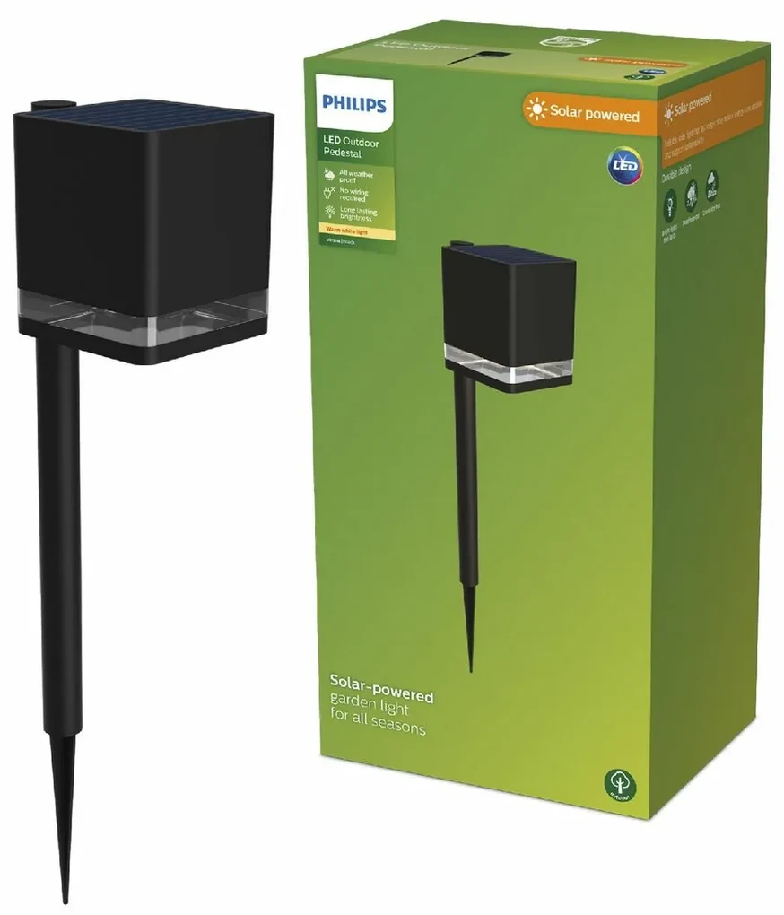 Philips Virona vonkajšie solárne stĺpové svetloLED čierne, 1,8 W, 200 lm, 2700 K
