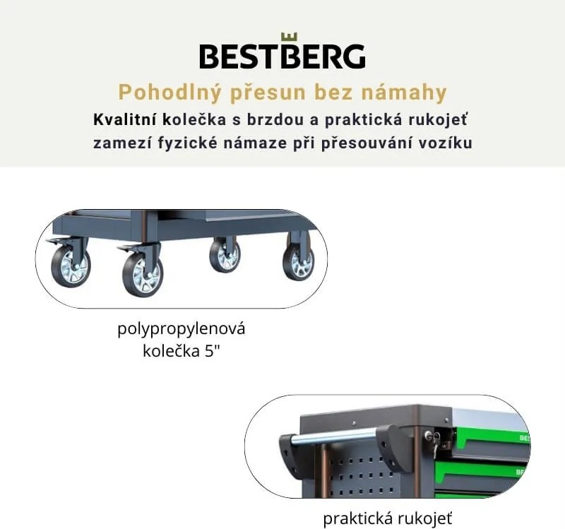 Kovový pojazdný dielenský vozík s 263 nástrojmi a 7 zásuvkami BestBerg BBTC-703T / SPCC steel