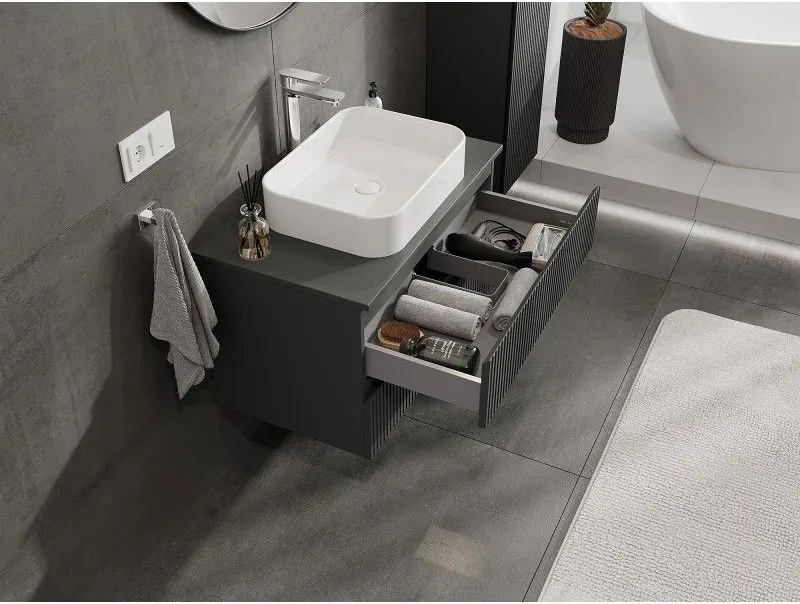 Mexen Rivel, kúpeľňová skrinka 80 cm s pracovnou doskou, 2 zásuvky, drážkovaná, grafitová matná, 91A20-08047-2-BFFC66