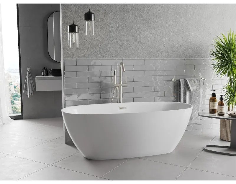 Mexen Luvo Slim, voľne stojaca vaňa 170 × 75 cm, biela lesklá, oceľový prepad, 52801707500-97