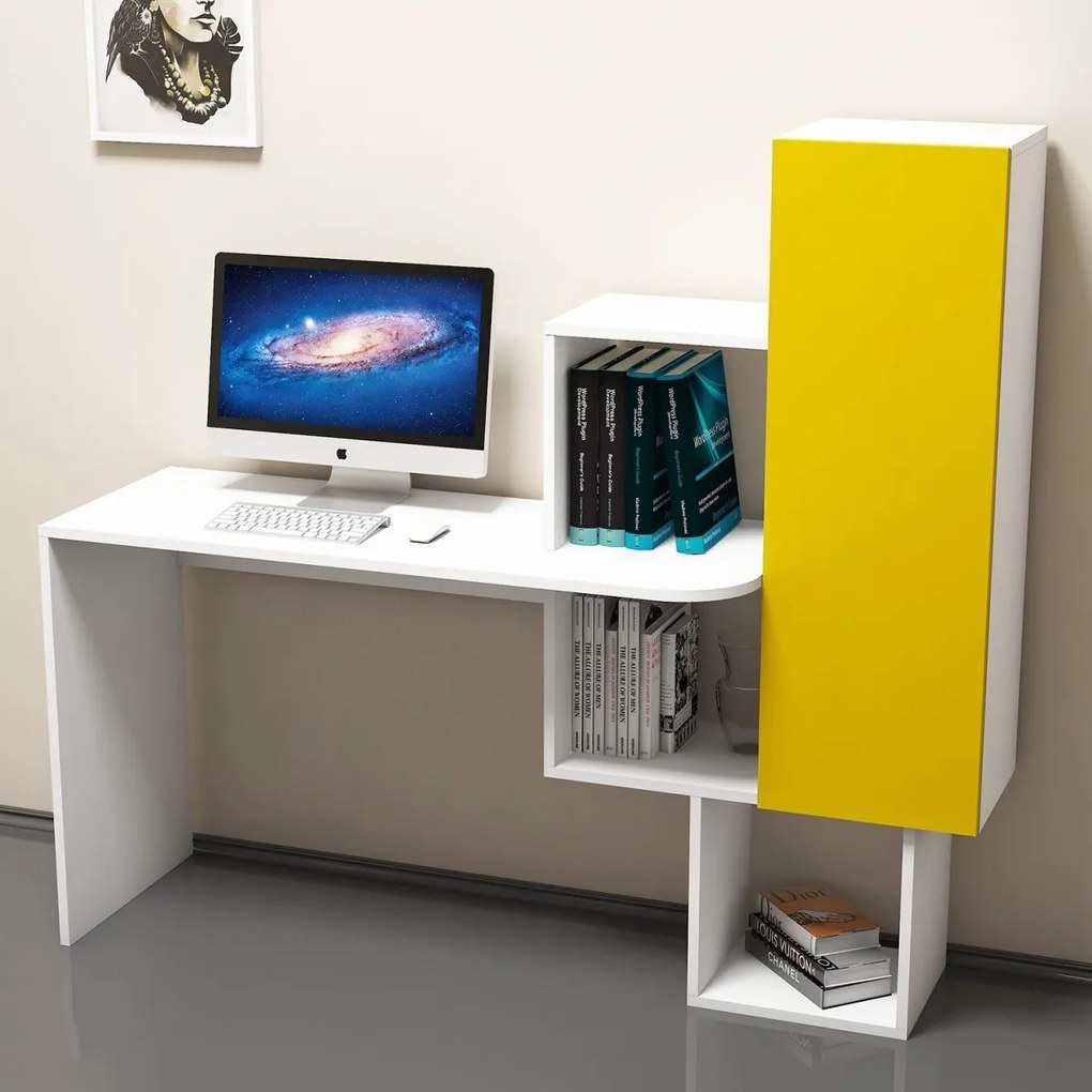 Písací stôl s policou ACELYA biela/žltá