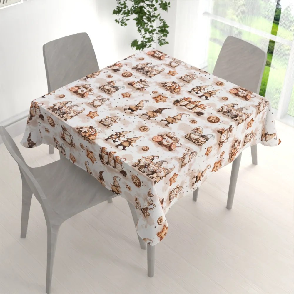 Biante Bavlnený štvorcový obrus Sandra SA-663 Hnedí škriatkovia s perníčkami na bielom 80x80 cm
