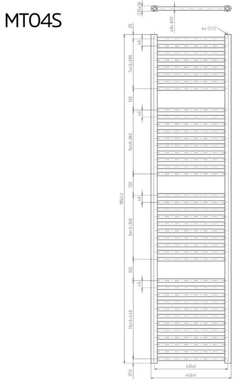 Mereo, Vykurovací rebrík 600x1850 mm, rovný, biely, stredové pripojenie, MER-MT14S