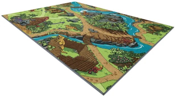 Detský koberec REBEL ROADS Dino World 29 Dinosaury, protišmykový - sivý / zelený