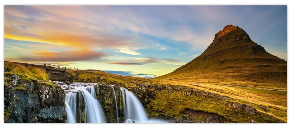 Obraz hory a vodopádov na Islande (120x50 cm)