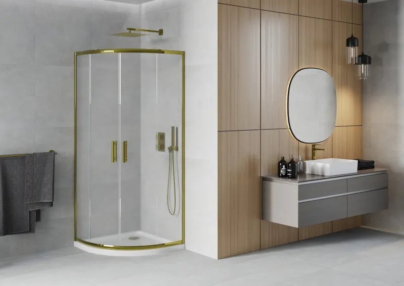 Mexen Rio, štvrťkruhový sprchovací kút s posuvnými dverami 80(dvere) x 80(dvere) x 190 cm, 6mm sklo námraza, zlatý profil + biela sprchová vanička SLIM, 863-080-080-50-30-4110G