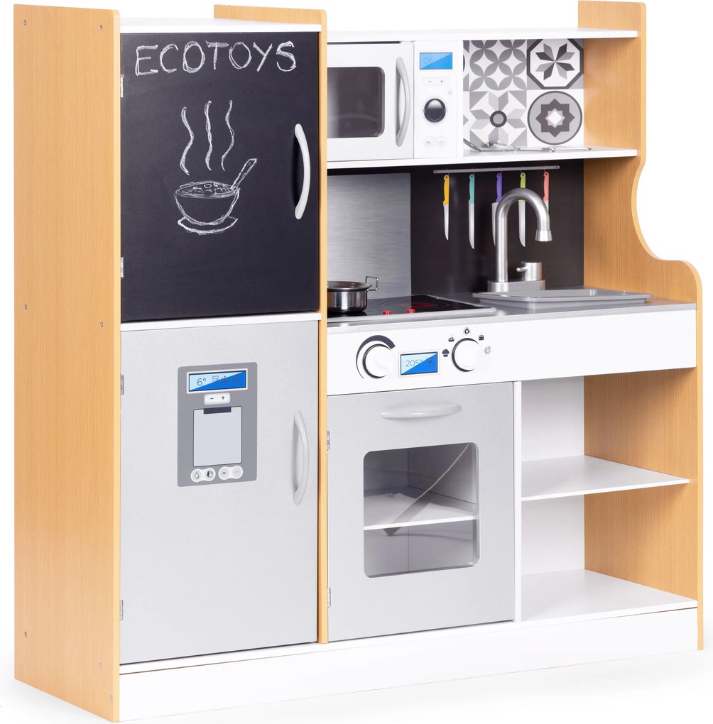 Detská drevená kuchynka ECOTOYS s LED, zvukom a tabuľou