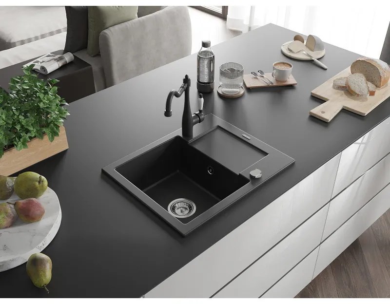 Mexen Enzo, granitový drez 576x465x174 mm, 1-komorový a drezová batéria Carla, čierna, 6506-77-670700-70