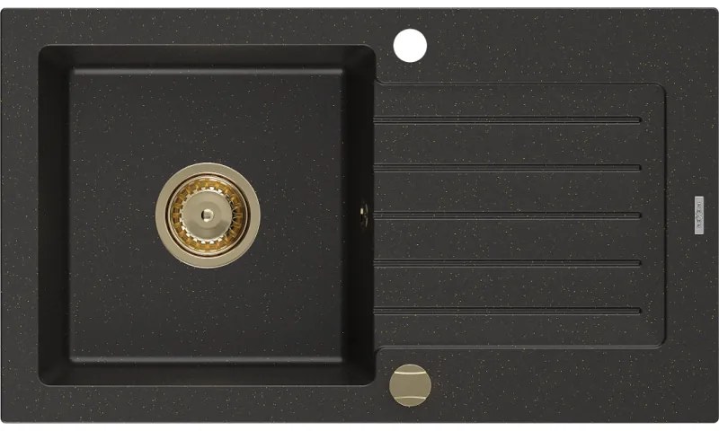 Mexen Pablo, granitový drez 752x436x161 mm, 1-komorový, čierna-zlatá metalíza so zlatým sifónom, 6510751010-75-G