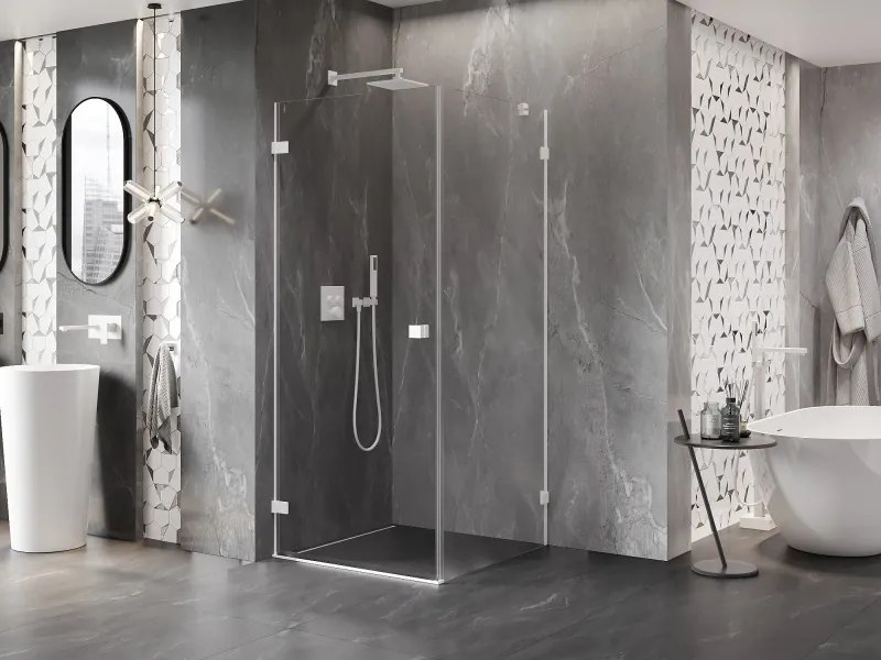 Mexen Lunar-B, výklopný sprchový kút ľavý 90 x 90 cm, 8mm číre sklo, biely profil, 832-090-090-20-00-L
