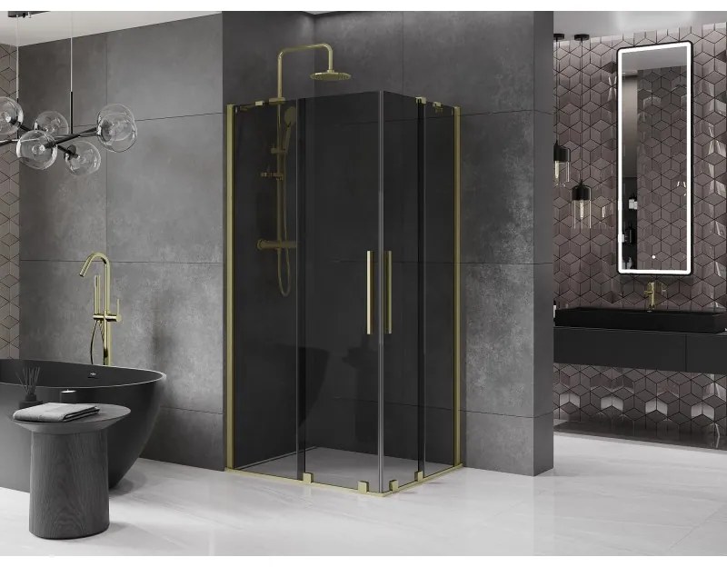 Mexen Velar Duo, sprchový kút s posuvnými dverami 100 x 90 cm, 8mm šedé sklo, zlatá matná, 871-100-090-42-55