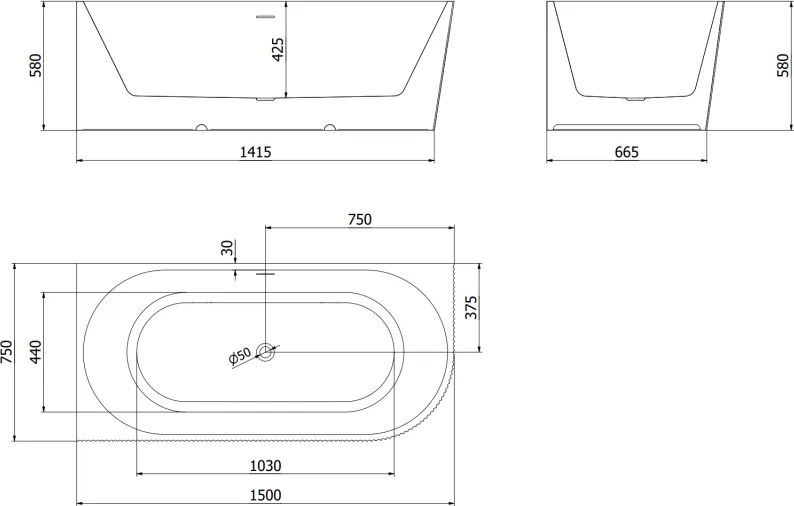 Mexen Silo, rohová voľne stojaca ryhovaná vaňa, ľavá, 150 x 75 cm, biela lesklá, zlatý lesklý prepad, 52891507500L-50