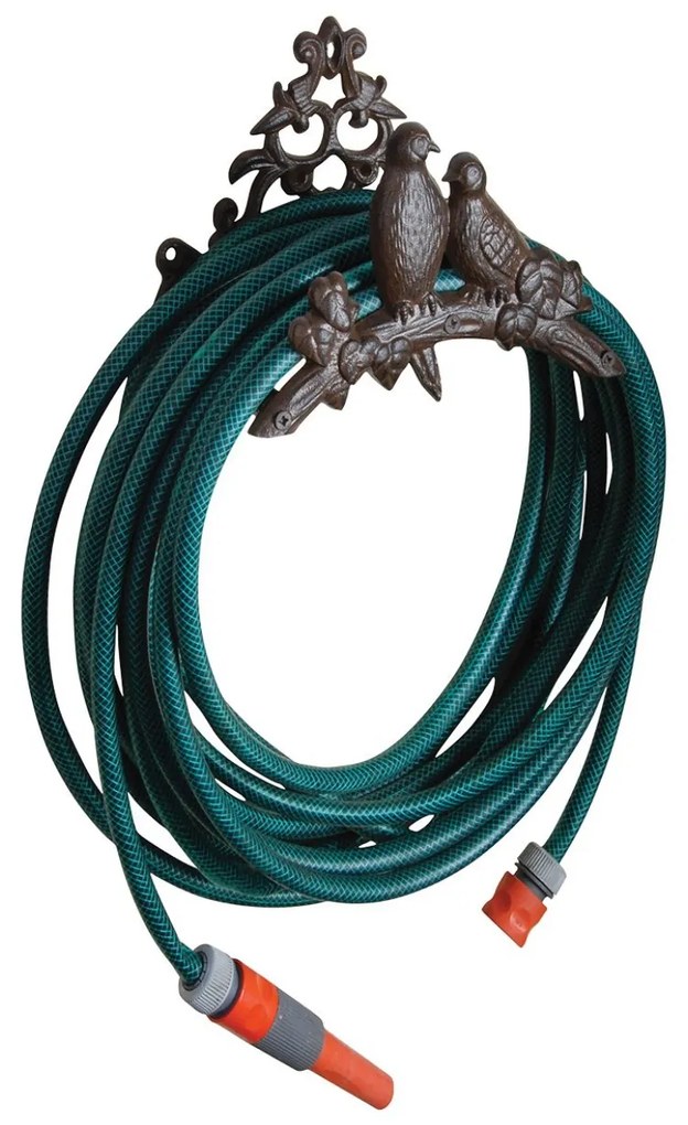 Liatinový nástenný držiak na záhradnú hadicu Birds, 25x18 cm, hnedá