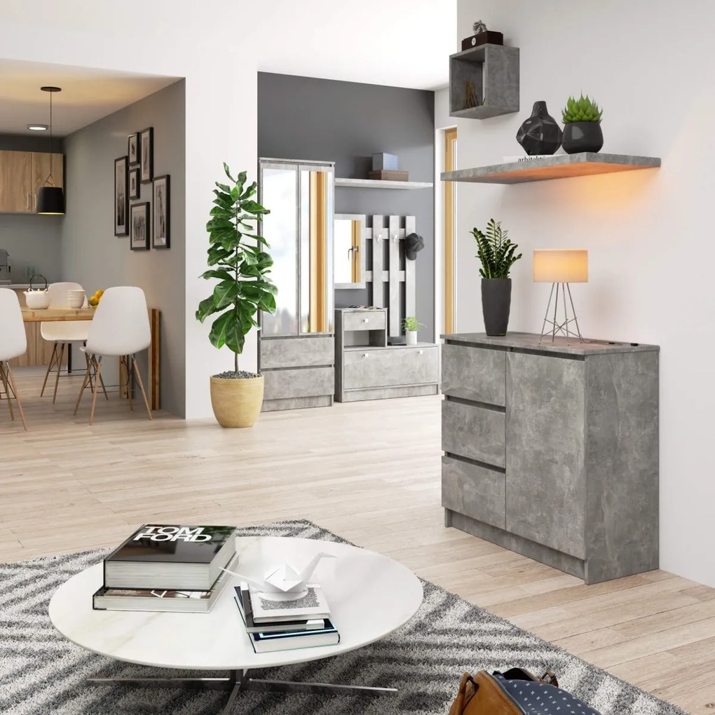 Komoda JERRY K 80 cm 1 dveře 3 zásuvky beton