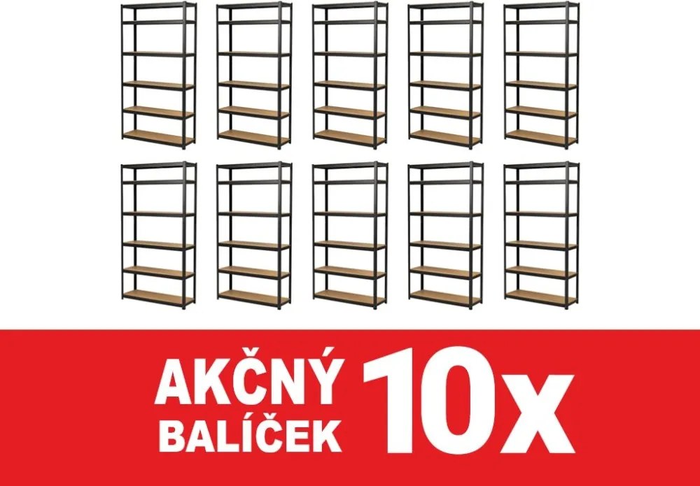 Akcia 10x Regál 220x120x40 cm lakovaný 6-policový, nosnosť 1050 kg - čierny
