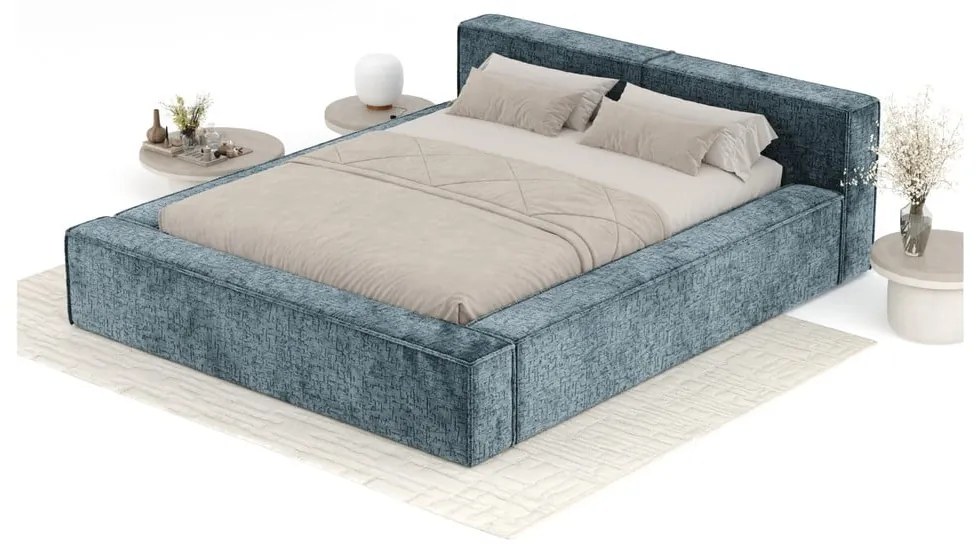 Sivomodrá čalúnená dvojlôžková posteľ s úložným priestorom s roštom 200x200 cm Voliera – Maison de Rêve