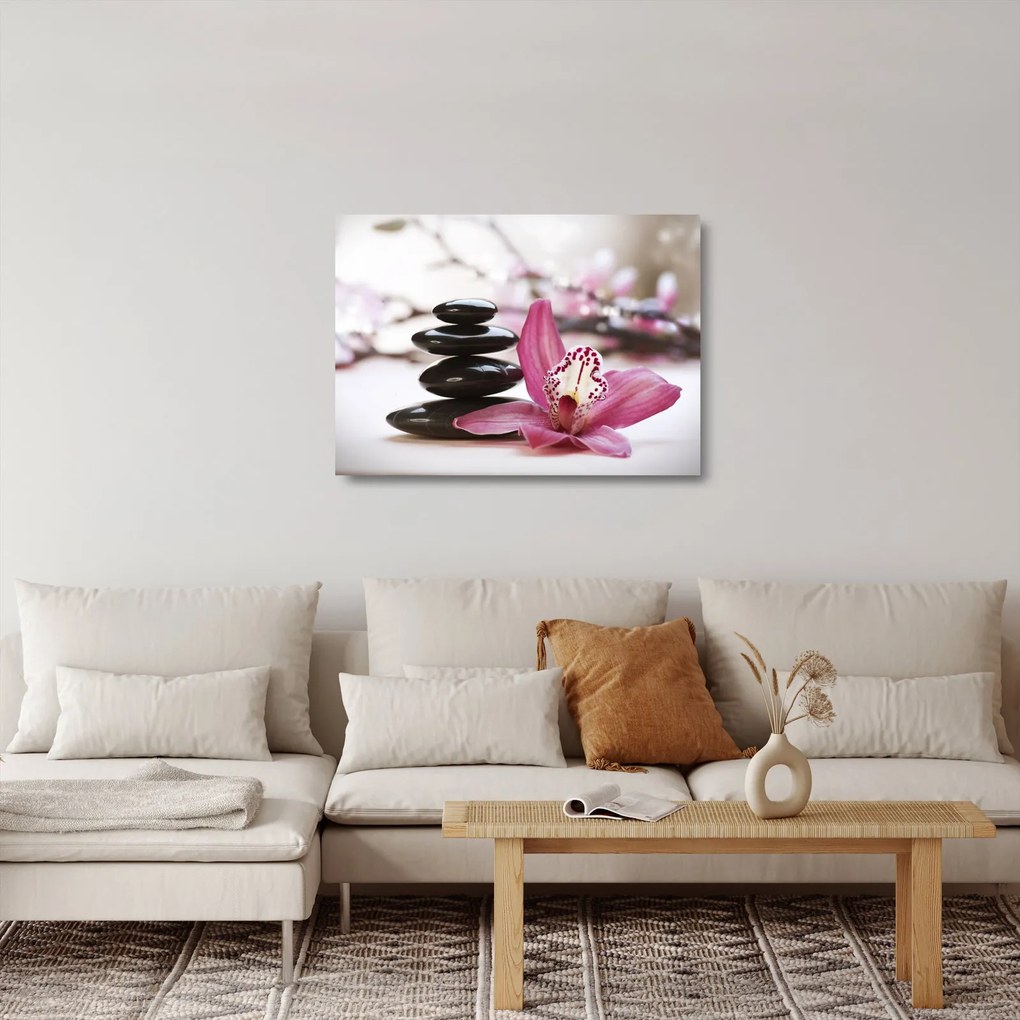 Sklenený obraz masážnych kameňov a orchidey na vode (70x50 cm)