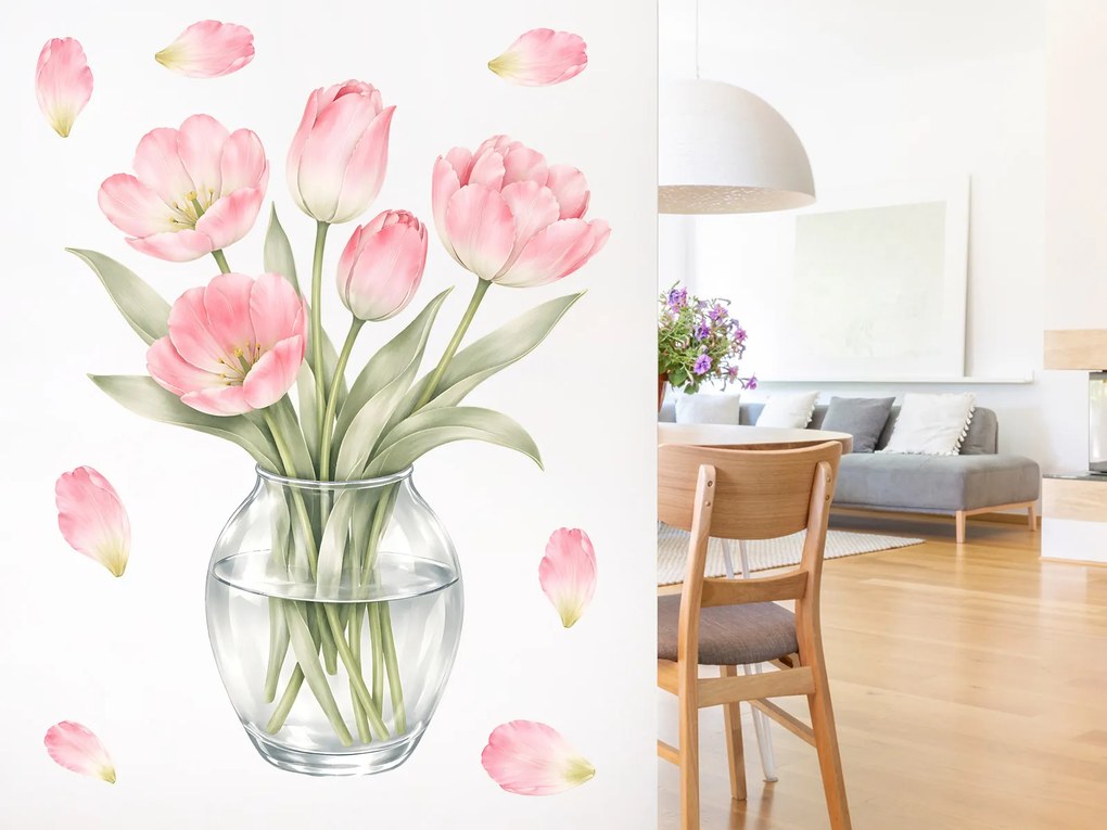 Tulipány vo váze textilní prelepiteľná samolepiaca dekorácia na stenu hárok 36 x 46 cm