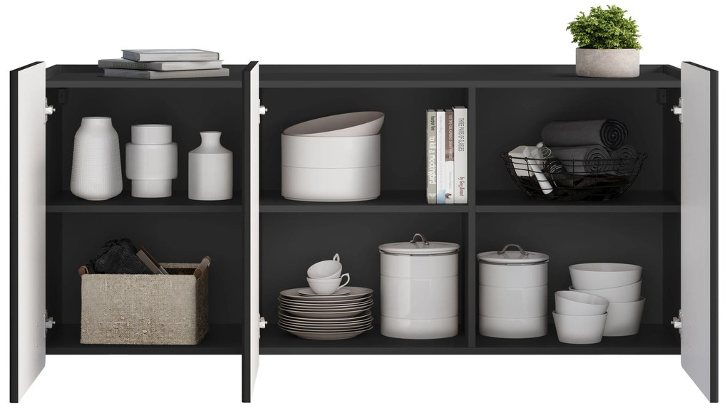 Závesná komoda Malmi 150 cm trojdverová - čierny mat / zlatá