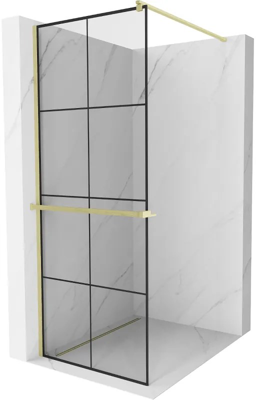 Mexen Kioto+, sprchová zástena Walk-In s poličkou a vešiakom 90 x 200 cm, 8mm číre sklo čierny vzor, zlatý matný profil, 800-090-121-55-77