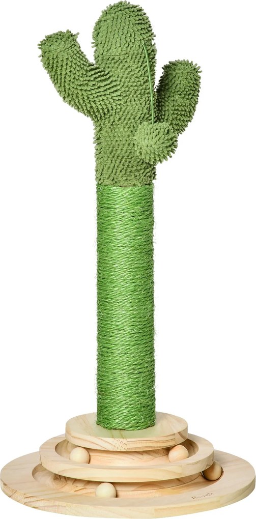 PawHut Kancelársky stromček pre mačky Cactus z borovicového dreva so sisalovým lanom a drevenou hračkou pre mačky, výška 60 cm, Zelená+Prírodná | Aoso