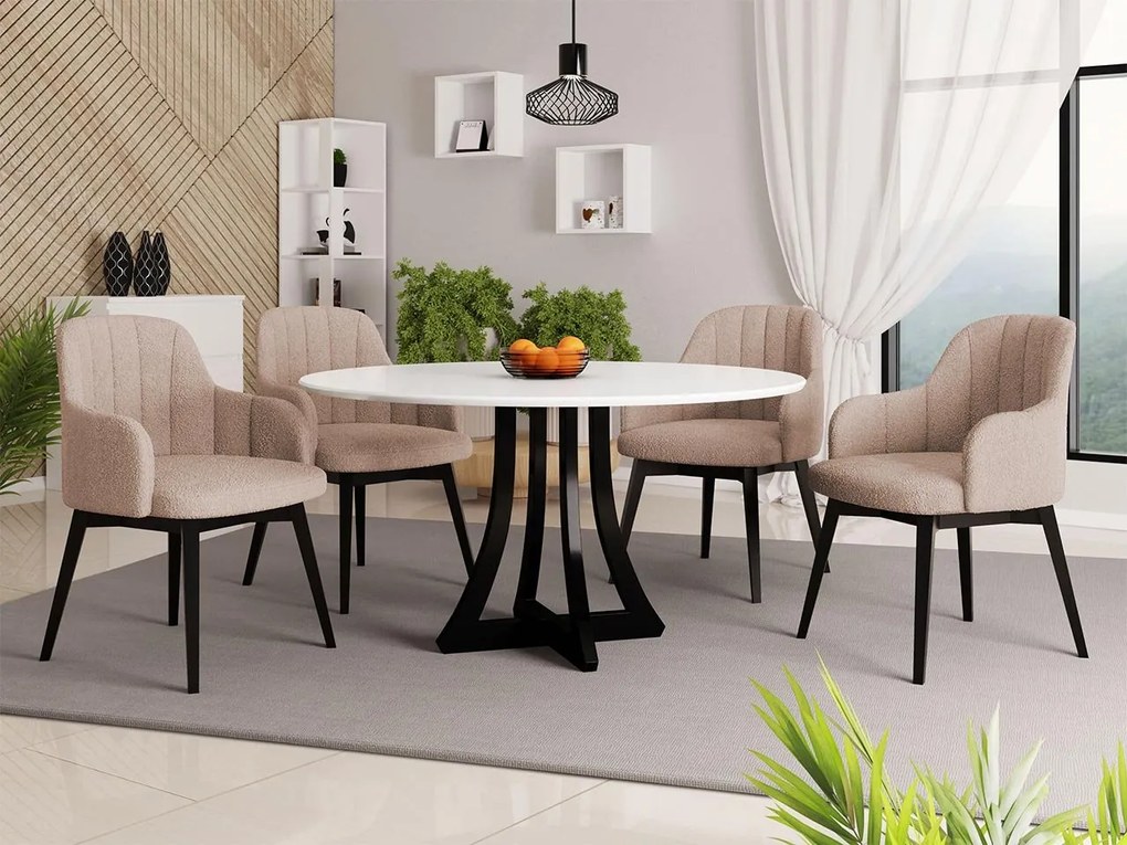 Okrúhly stôl Dagerto FI 120 so 4 stoličkami ST105 05, Farby: biely lesk / čierny lesk, Potah: Magic Velvet 2250