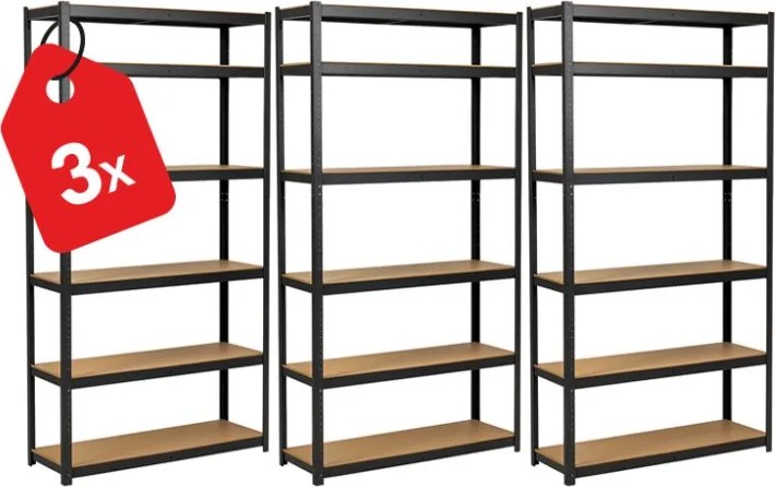 Akcia 3x Regál 220x90x50 cm lakovaný 6-policový, nosnosť 1050 kg - čierny