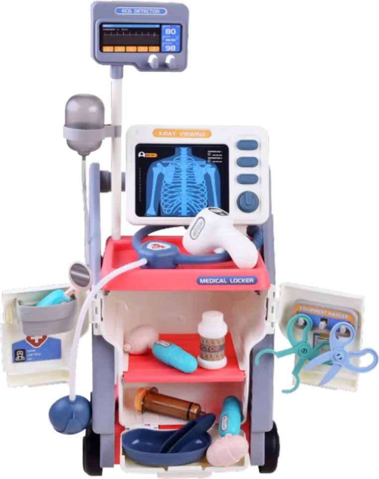 LEAN Toys Súprava malého lekára s vozíkom RTG a EKG, svetlá, ružová, 16 ks
