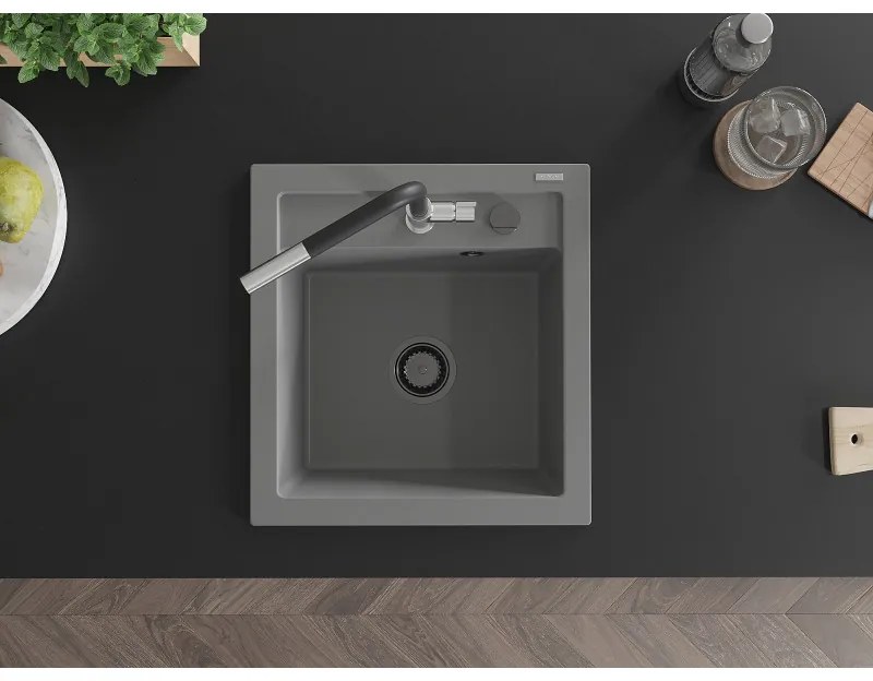 Mexen Vito, 1-komorový granitový drez 490x520x210 mm a drezová batéria Flora, šedá, 6503-71-670401-07-B
