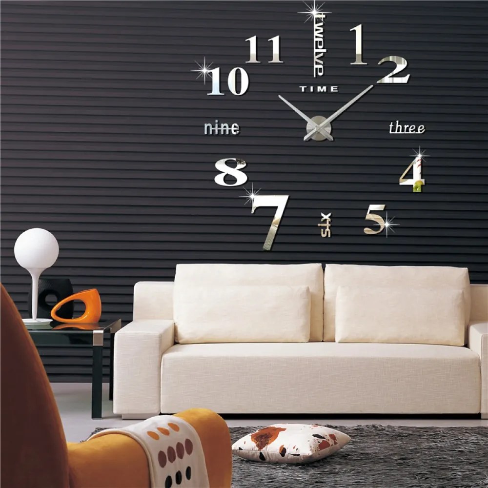 3D Nalepovacie hodiny DIY Clock Twelve Time, strieborná 90-130cm