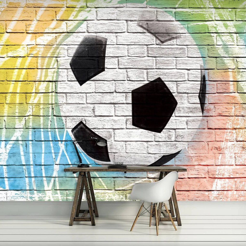 Fototapeta - Graffiti - futbal na tehlovej stene (254x184 cm)