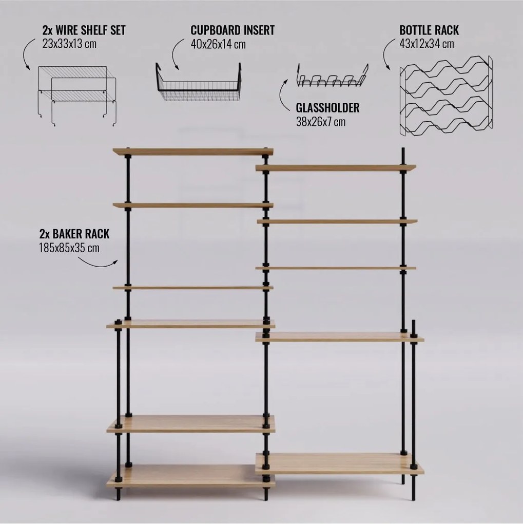 Kuchynský industriálny regál s 11 policami s príslušenstvom, 185x160x17,5/35 cm