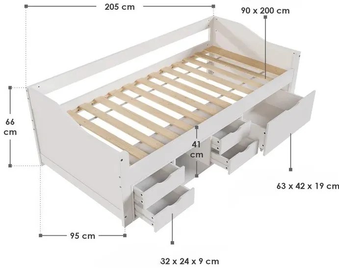 InternetovaZahrada Detská posteľ Nalu 90x200 cm s úložným priestorom - biela