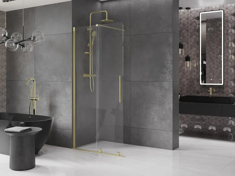 Mexen Velar, posuvné dvere do otvoru typ Walk-In 85 cm, 8mm číre sklo, zlatá matná, 871-085-000-03-55