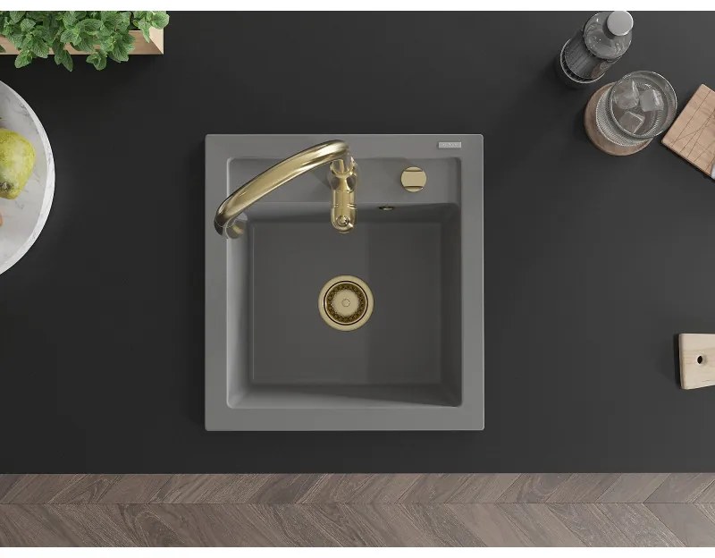 Mexen Vito, 1-komorový granitový drez 520x490x210 mm a drezová batéria Savita, šedá, 6503-71-672601-50