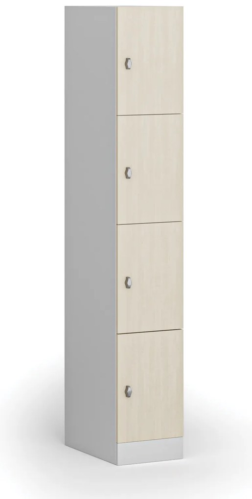 Šatníková skrinka s úložnými boxmi, 4 boxy, 1850 x 300 x 500 mm, demont, otočný zámok, laminované dvere, breza